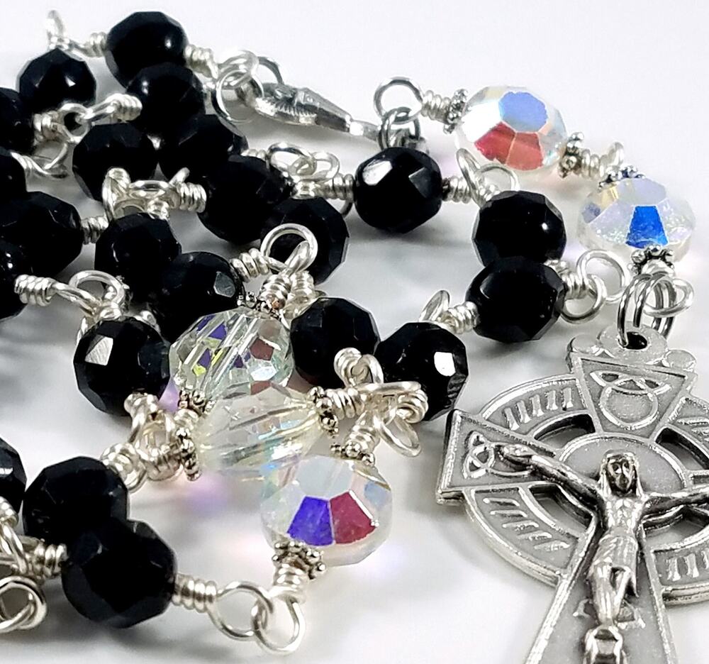 Handmade Anglican Rosary Swarovski Black Crystal Celtic Cross